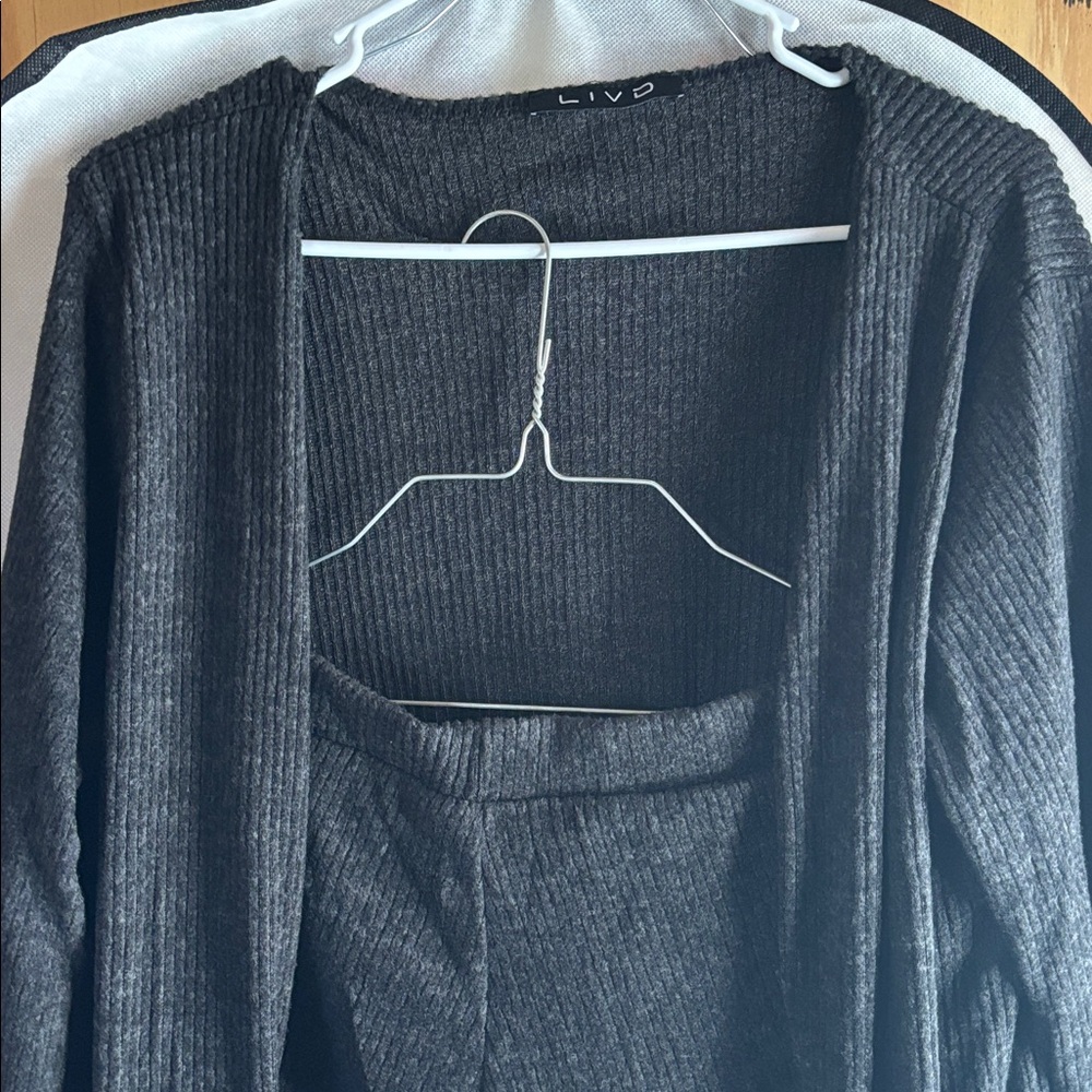 Ribbed Open-Front Women’s Sweater long Cardigan and pants – Black size L